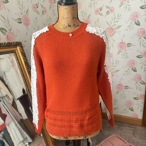 Orange Sweater with Crochet Lace Detail Sleeves